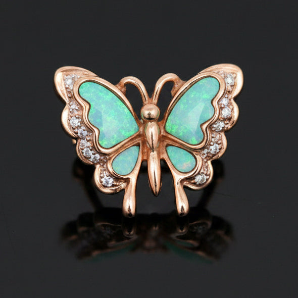 Modern Inlay Opal and Diamond 14Kt White/Yellow Gold Pendant