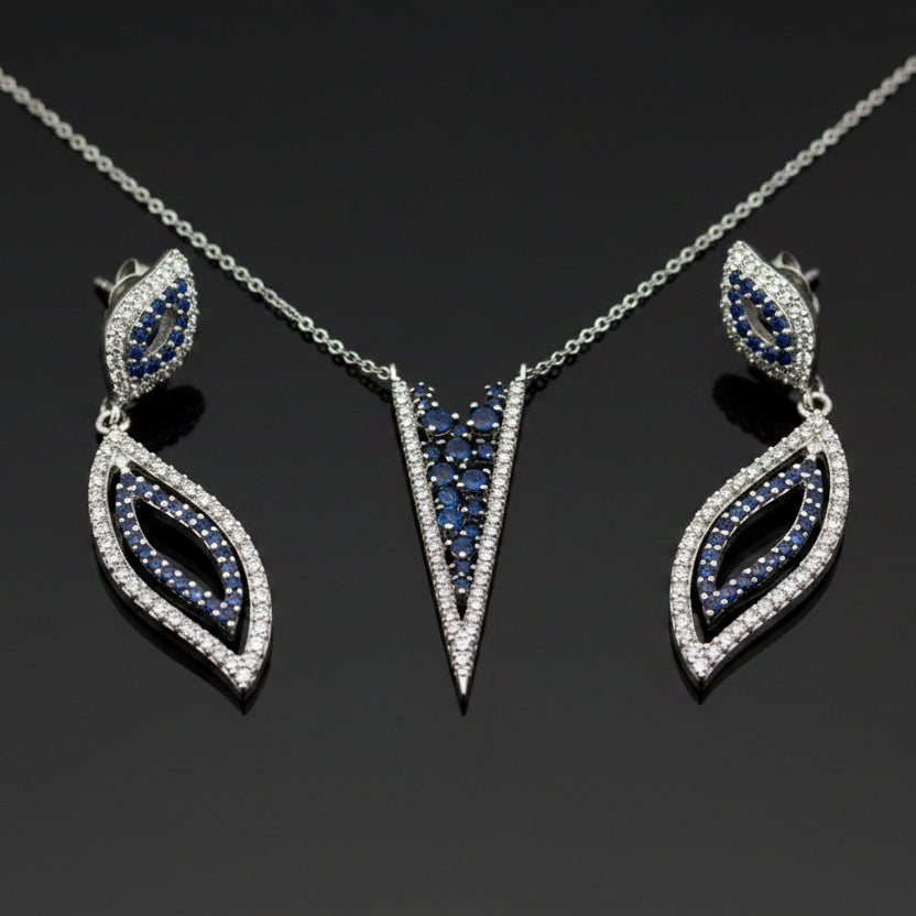 Modern Gabriel & Company Diamond & Sapphire 14Kt White Gold Necklace & Earring Set