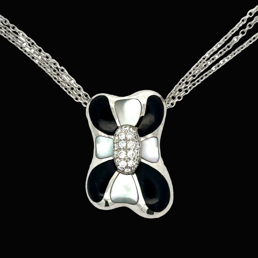 Estate Designer Asch Grossbardt Diamond, Mother of Pearl, Onyx 18Kt/14Kt White Gold Necklace