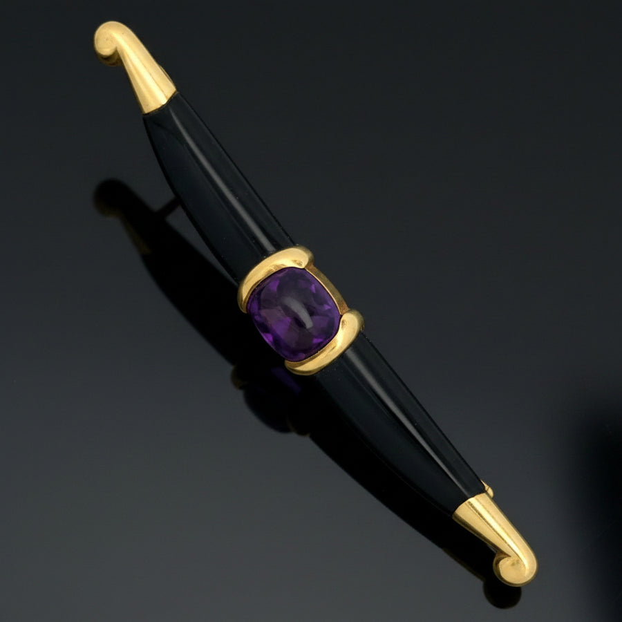 Estate Designer Amethyst & Onyx 18Kt Yellow Gold Brooch