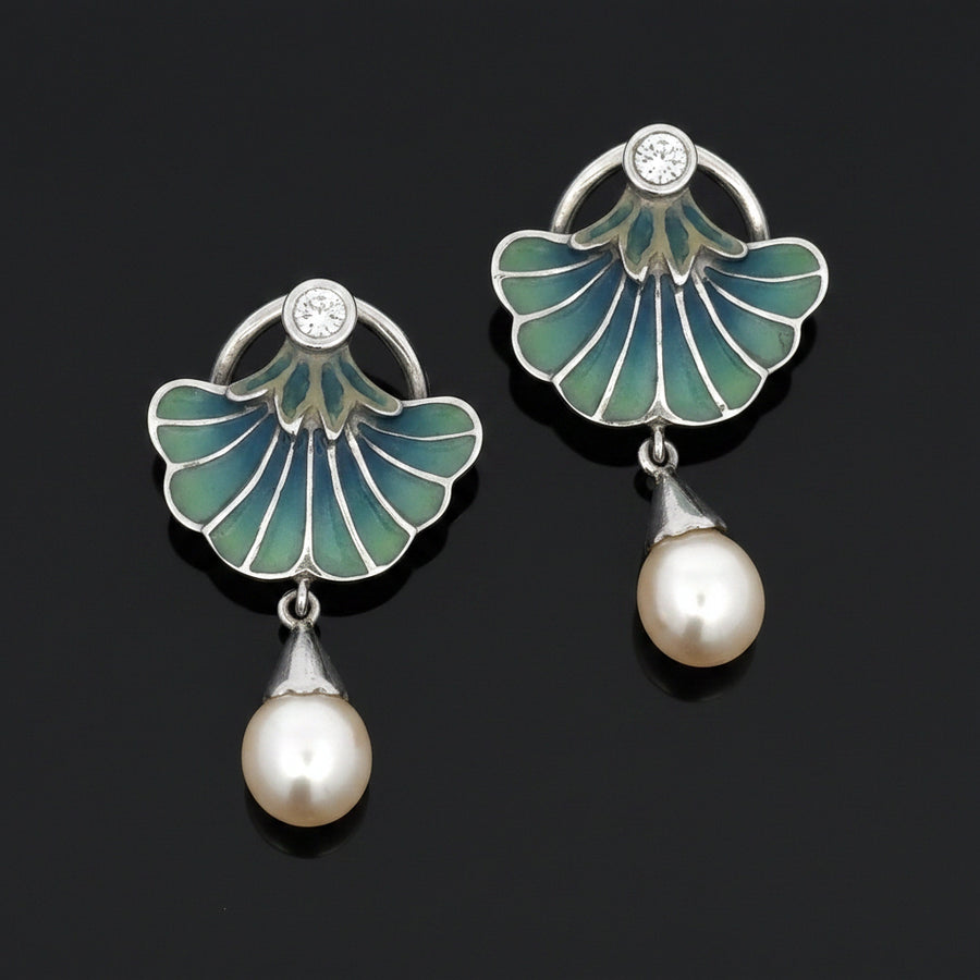 Nouveau 1910 Company Diamond Plique A Jour Blue Enamel & Pearl 18K White Gold Earring Limited Edition #28/48