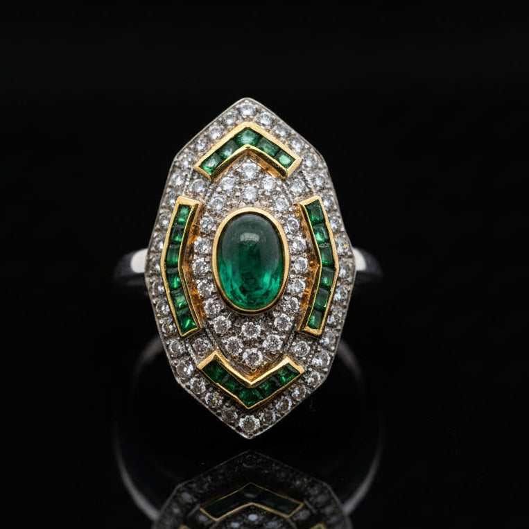 Vintage Emerald & Diamond 18K White & Yellow Gold Ring