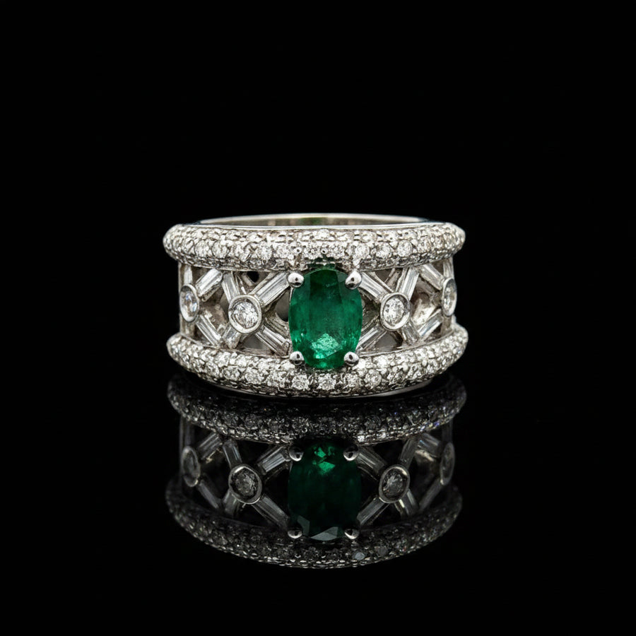 Fine Emerald & Diamond 18K White Gold Ring