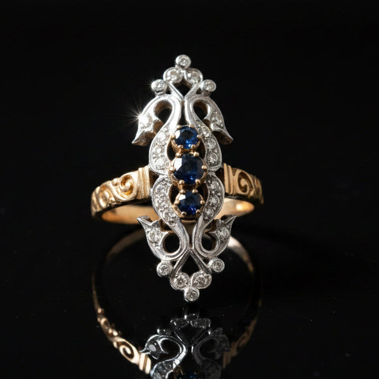 Vintage Sapphire & Diamond 18K White & Yellow Gold Ring