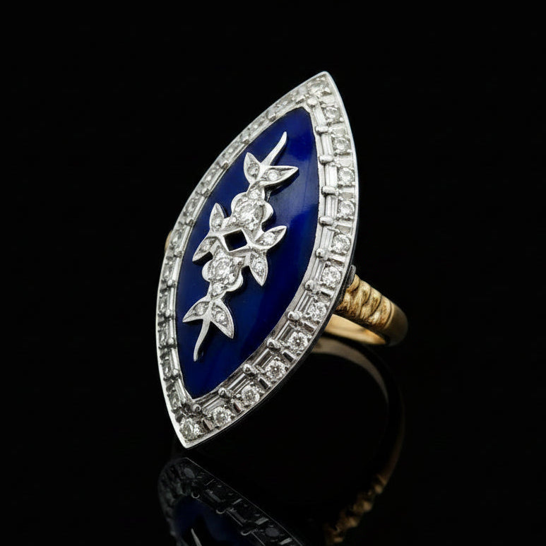 Vintage Diamond & Blue Enamel 18K White & Yellow Ring