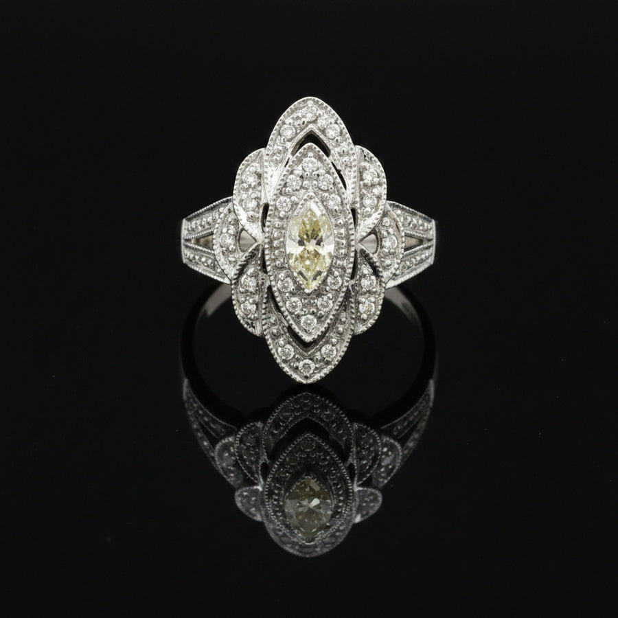 Vintage Filigree White & Yellow Diamond 14k White Gold Ring