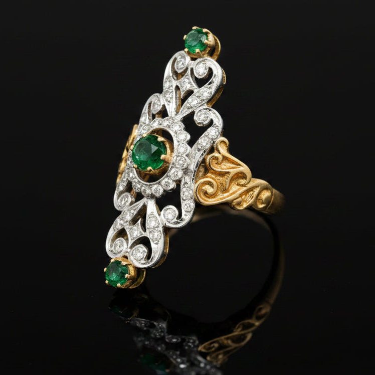 Vintage Emerald & Diamond 18K White & Yellow Gold Ring