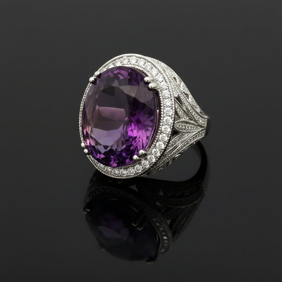 Vintage Diamond & Amethsyt 14K White Gold Ring