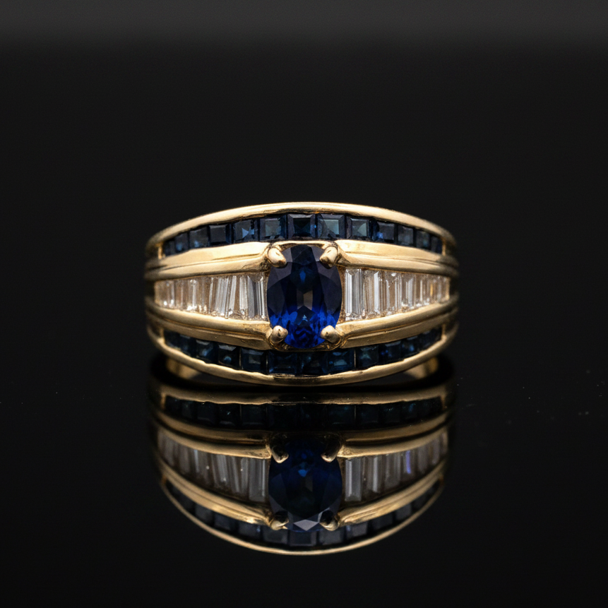 Vintage Fine Sapphire & Diamond 14K Yellow Gold Ring
