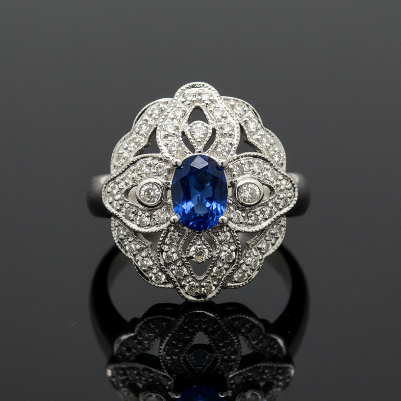 Vintage Fine Sapphire & Diamond 14K White Gold Ring
