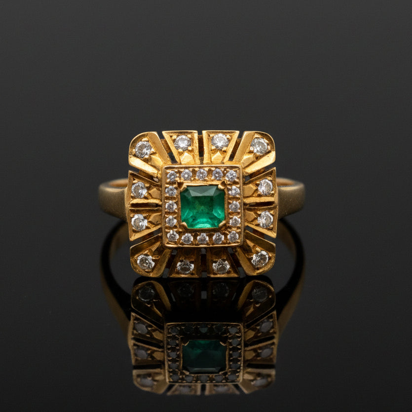 Vintage Emerald & Diamond 14K Yellow Gold Ring