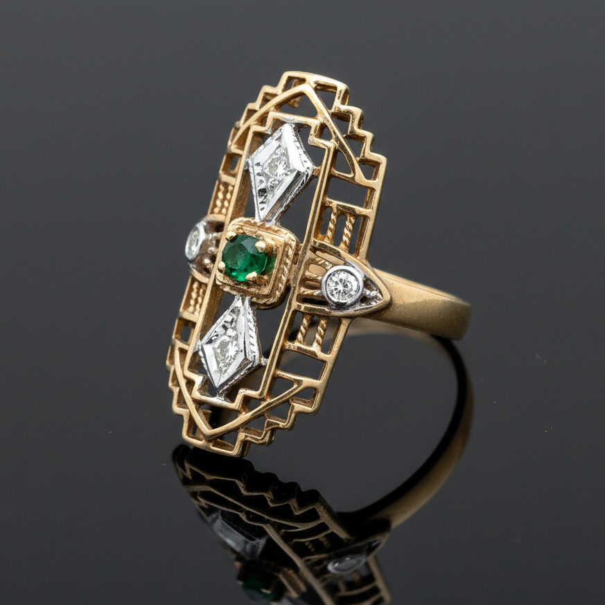Vintage Diamond & Emerald 14K White & Yellow Ring