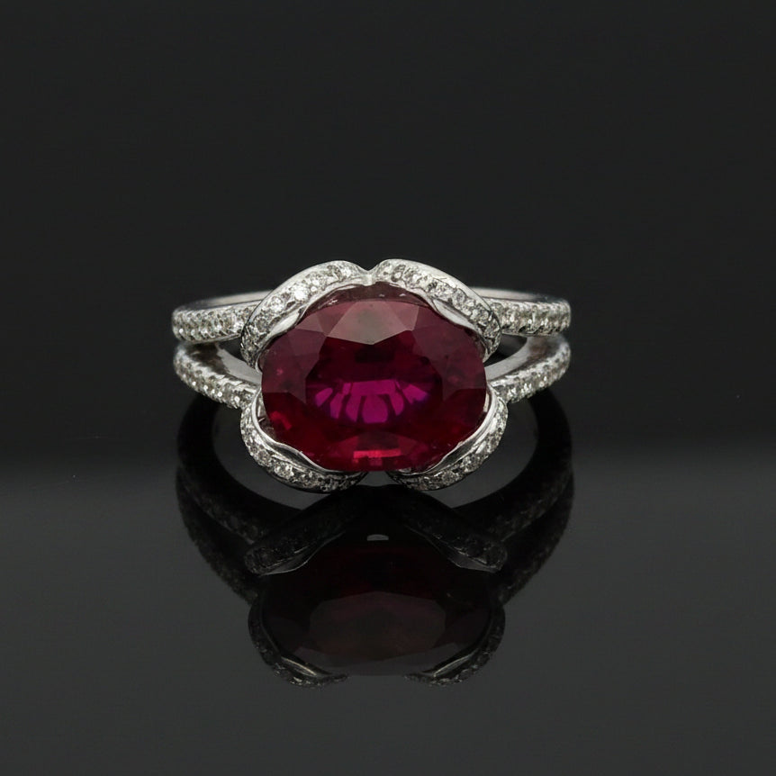 Vintage Fine Rubellite & Diamond 14k White Gold Ring