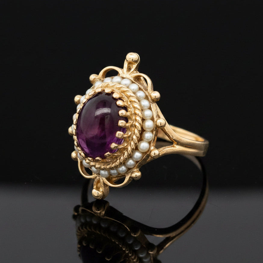 Seed Pearl & 5.00 ct Ruby 10K Yellow Gold Ring