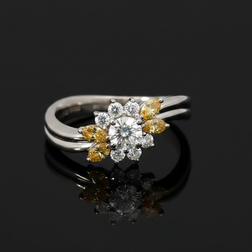 Vintage Mikimoto Natural Fancy Yellow & White Diamond Platinum Ring