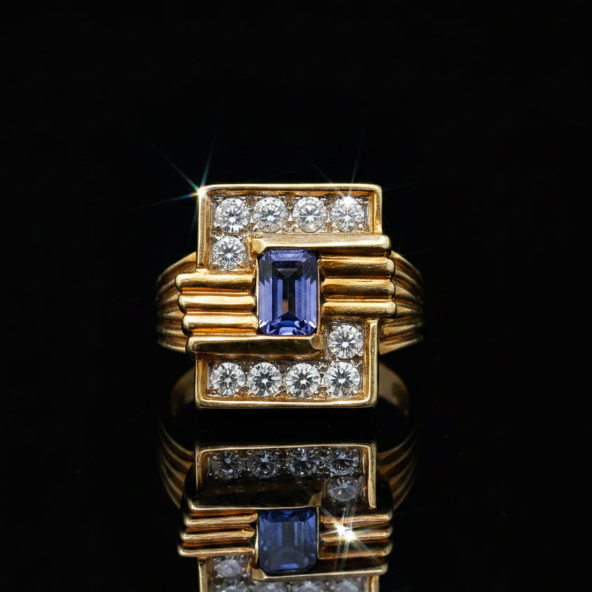 Estate Diamond & Tanzanite 18k Yellow Gold Ring