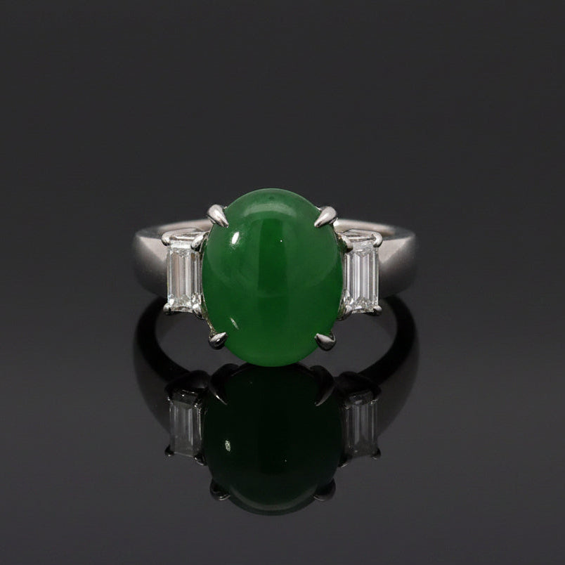 Estate Natural Color Jadeite & Diamond Platinum Ring (GIA)