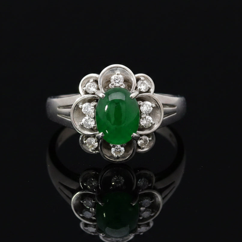 Estate Natural Color Jadeite & Diamond Platinum Ring (GIA)