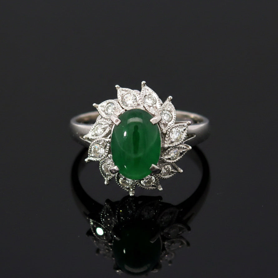 Estate Natural Color Jadeite & Diamond Platinum Ring (GIA)