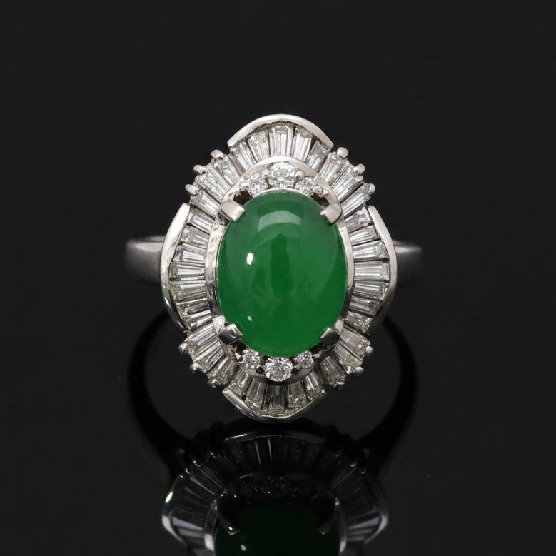Estate Natural Color Jadeite & Diamond Platinum Ring (GIA)