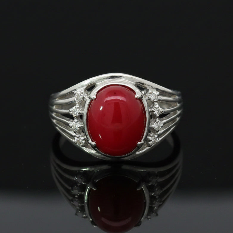 Estate Coral & Diamond Platinum Ring