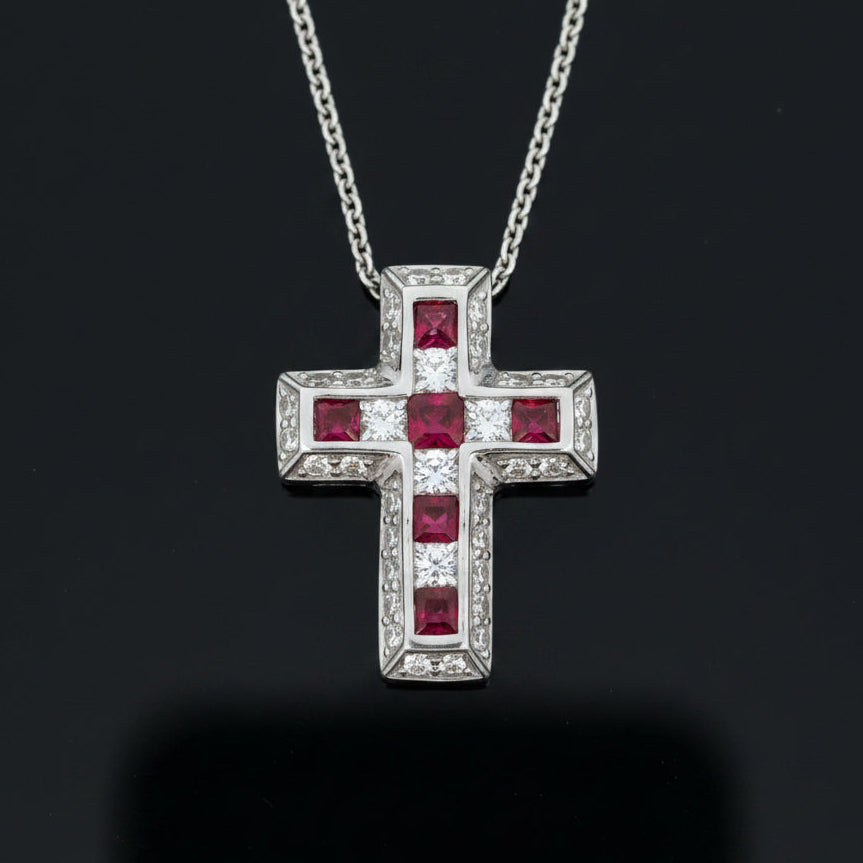 Estate Diamond & Ruby 18K White Gold Cross Necklace
