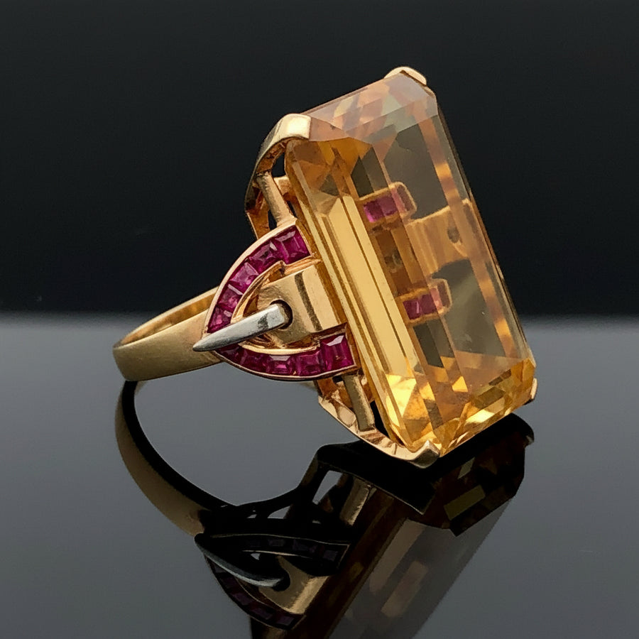 Estate Retro 36.00 ct Citrine & French Cut Ruby 14K Yellow Gold Ring
