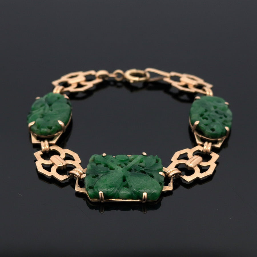 Mid Century Carved Jade & 14K Yellow Gold Bracelet