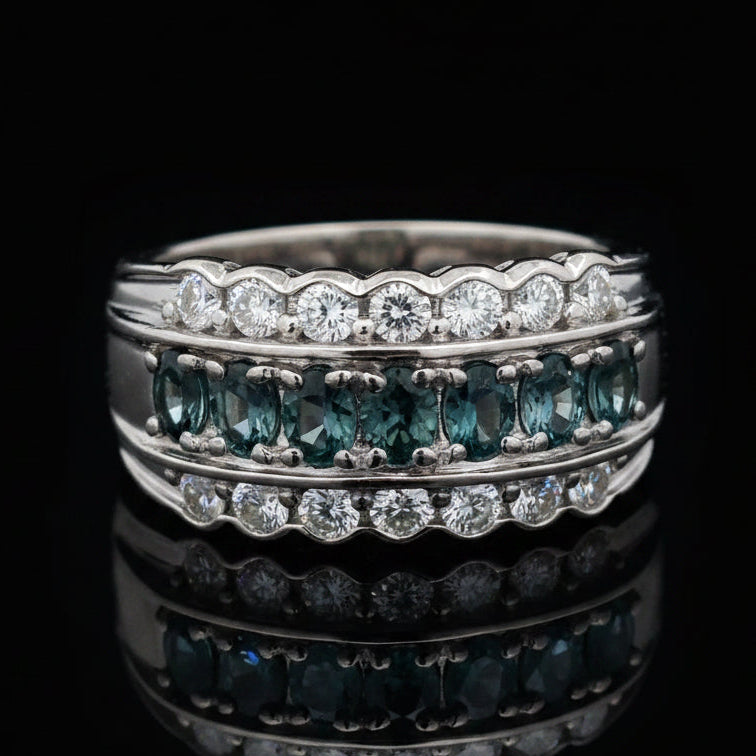 Estate Natural Color Change Alexandrite and Diamond Platinum Ring