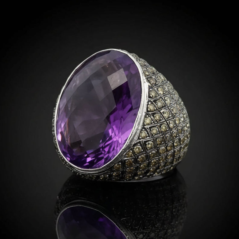 Gentleman Estate Diamond & Amethyst 18K White Gold Ring