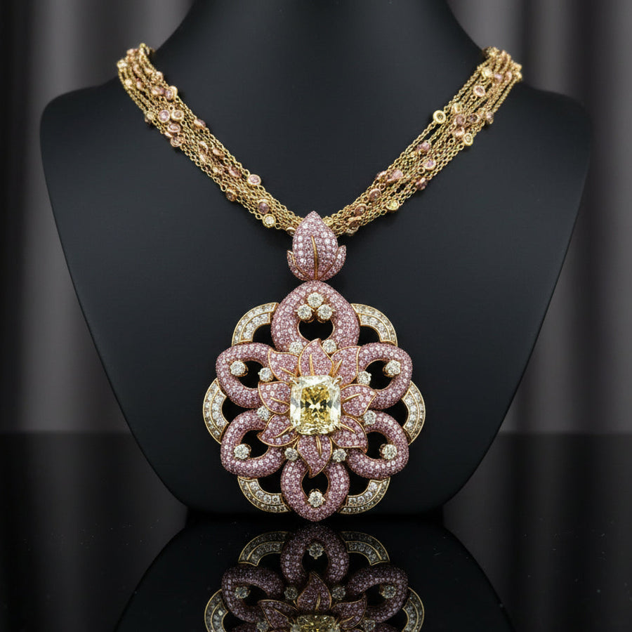 Personal Estate of Sultan of Brunei Hassanal Bolkiah Fancy Vivid Pink & Yellow Diamond (GIA) 18K Yellow/Rose Gold Necklace