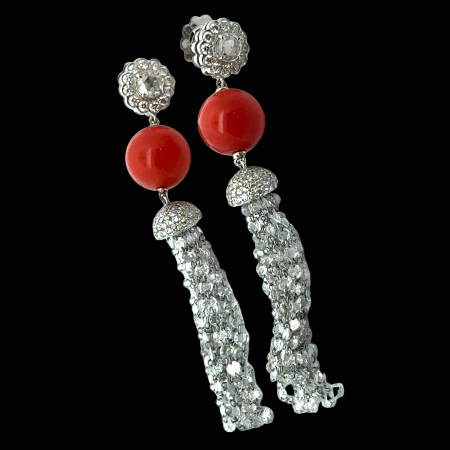 Estate Italian Designer Busatti 13.50cttw Diamond and Coral Dangle 18Kt White Gold Earrings