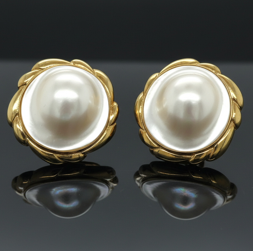 Estate Circa 1990 Mabe Blister Pearl 18K Gold Earrings 13868