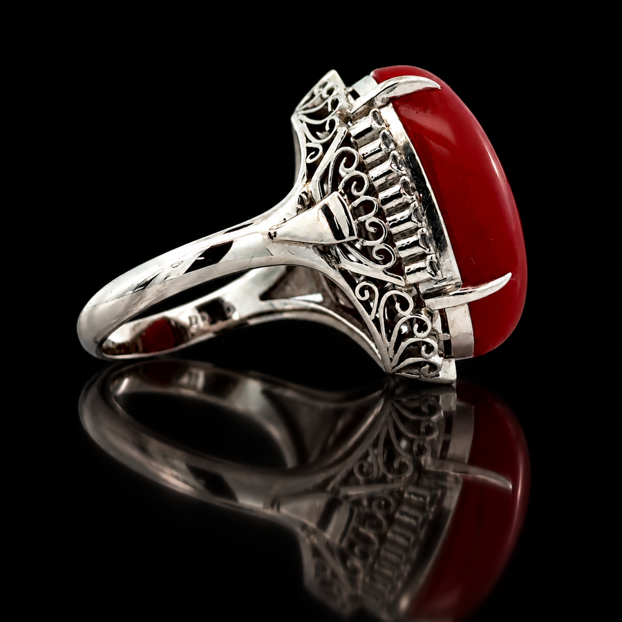 Estate Fine Red Coral & Diamond Platinum Ring