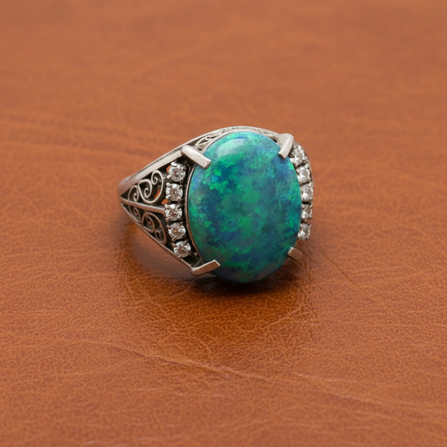 Black Opal and Diamond Platinum Ring