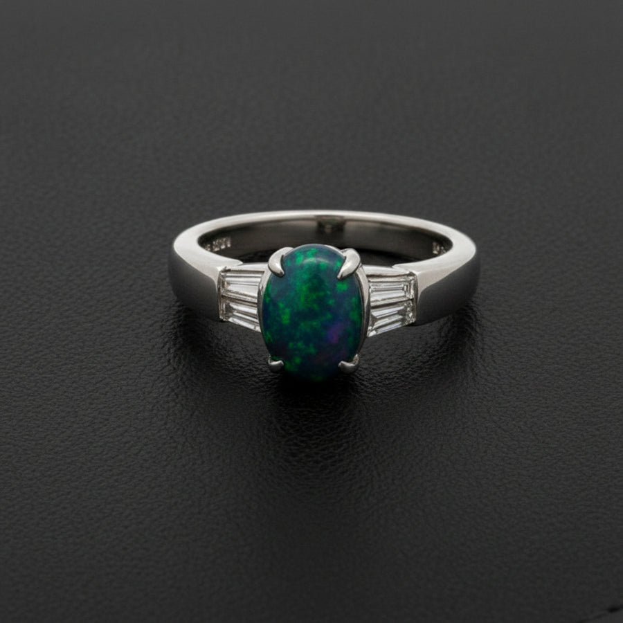 Fine Black Opal and Diamond Platinum Ring