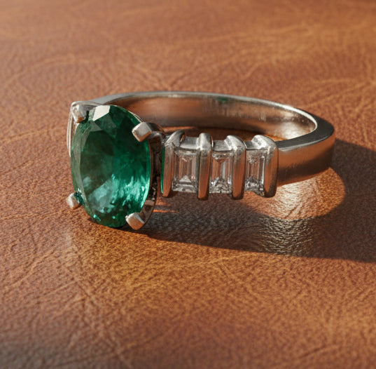 Oval Emerald and Diamond Platinum Ring