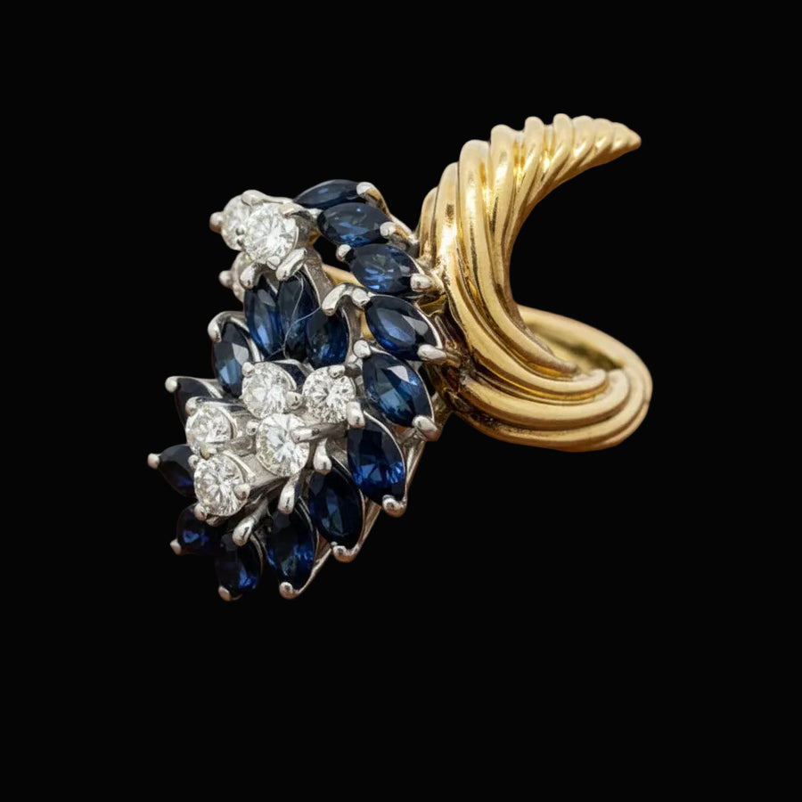Vintage Diamond and Sapphire Freeform 14k Yellow and White Gold Ring