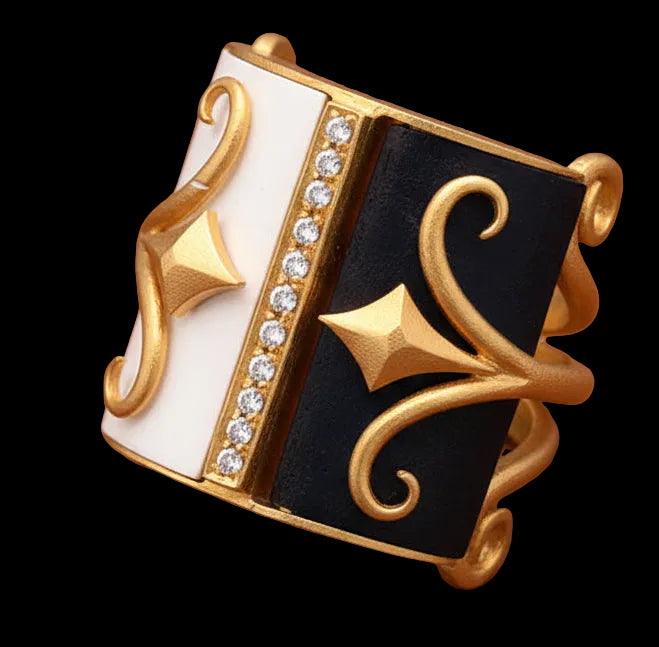 Fibula Diamond and Cermamic 18K Yellow Gold Ring