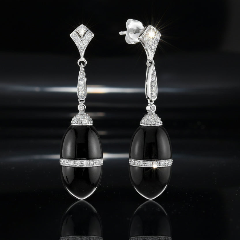 Onyx and Diamond 14K White Gold Earrings